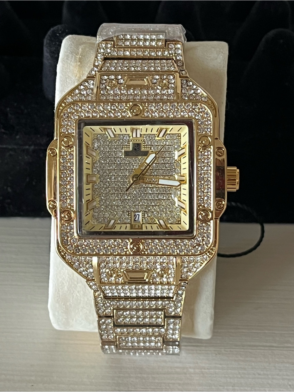 Gold-tone Pavé Square Face Watch with Crystals